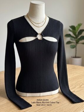 ANNA QUAN Laila Black Rib Knit Cutout Top US 2 AU 6 Going Out Quiet Luxury
